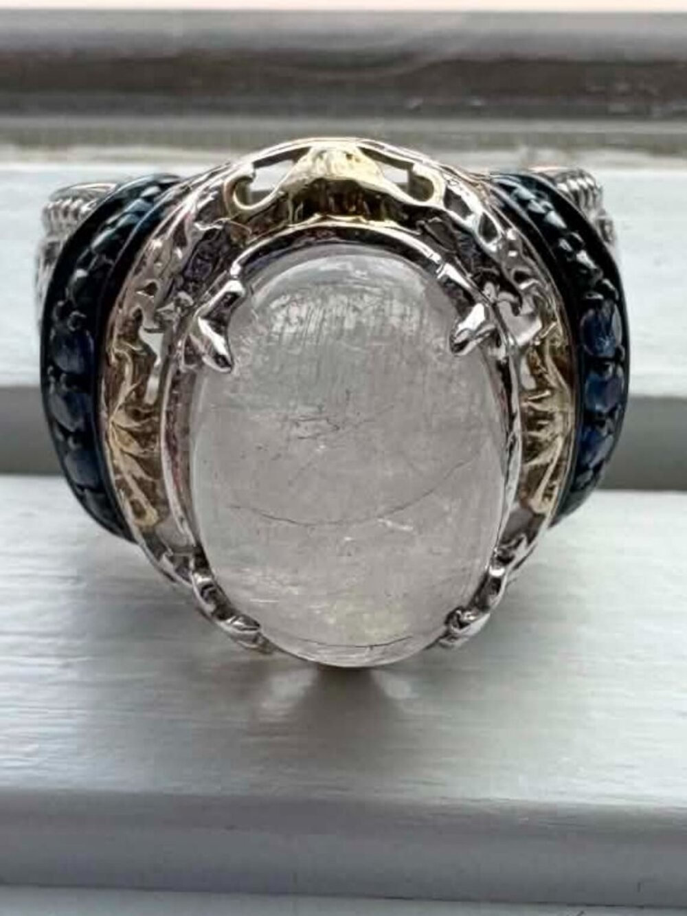 925 Sterling Silver Moonstone & Blue Gemstones Statement Ring – Size 6.75